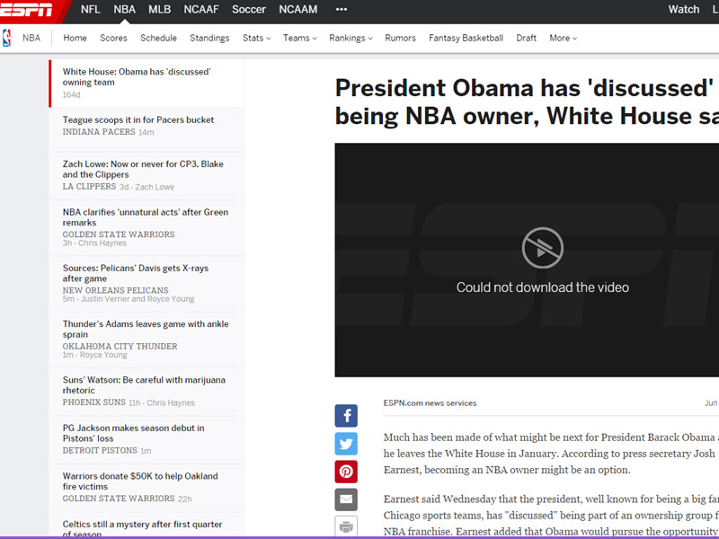 ESPN关于奥巴马退休后将拥有自己的NBA球队的报道截图。
